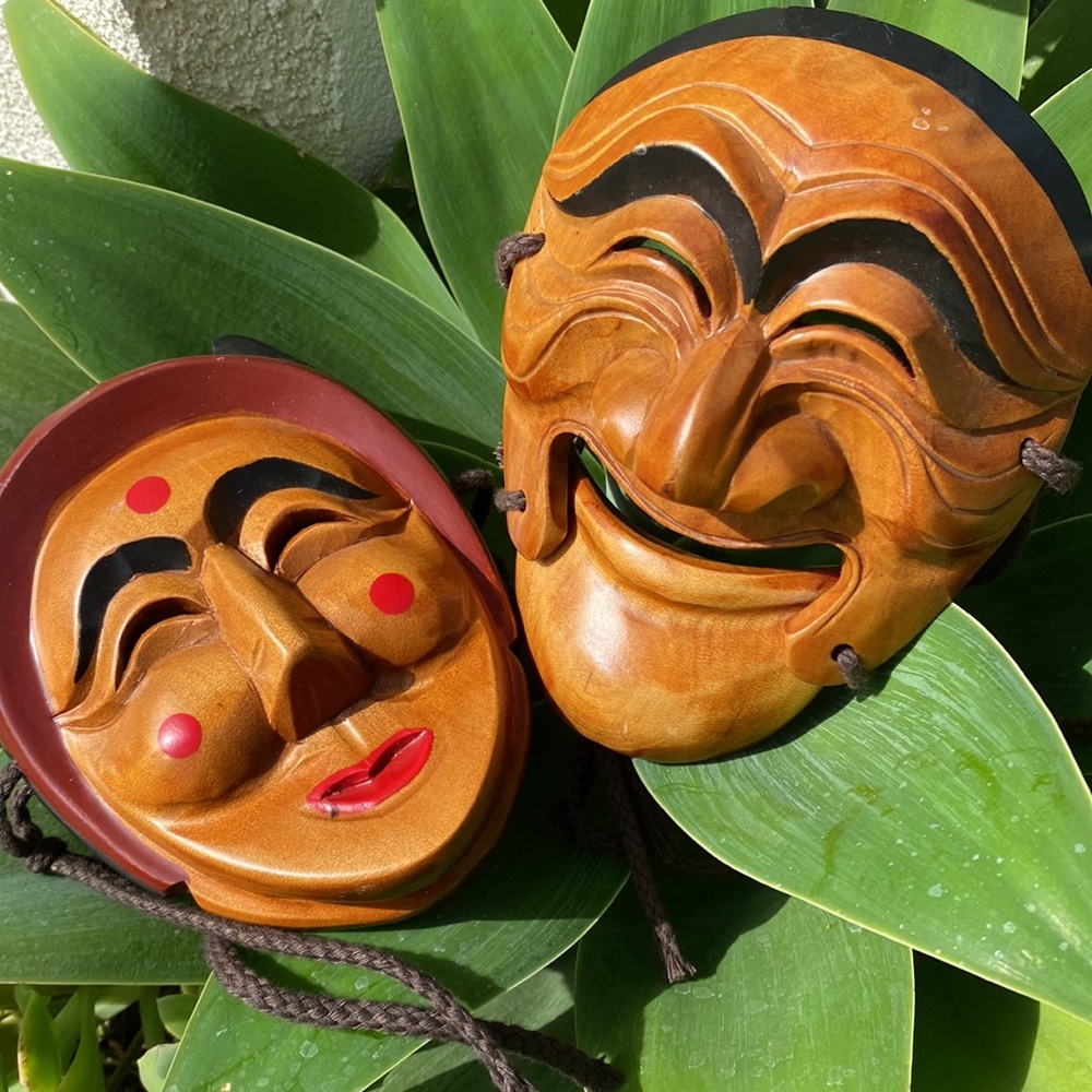 Vintage Korean Carved Wood Hahoe Mask Set